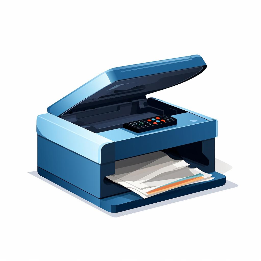 Unplugged printer with open cover and empty trays